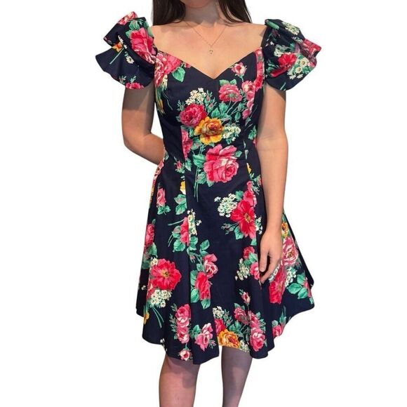 Roberta Navy Floral Cold Shoulder Bow A-Line Dress Med - Picture 1 of 16